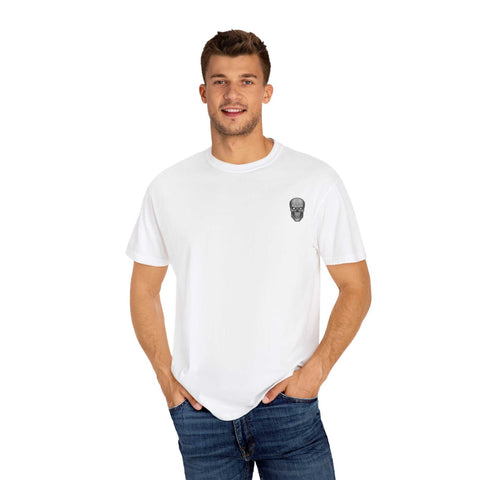 unisex white tee with killer cocktails design featuring small skull print on chest, casual fit