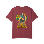 Jason Voorhees T-shirt with Daphne and Scooby Doo mystery print on maroon fabric