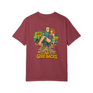 Jason Voorhees T-shirt with Scooby Doo mystery print and "No Give Backs" text on maroon fabric