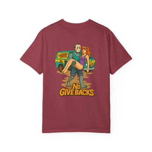 Jason Voorhees T-shirt with Scooby Doo mystery print and "No Give Backs" text on maroon fabric