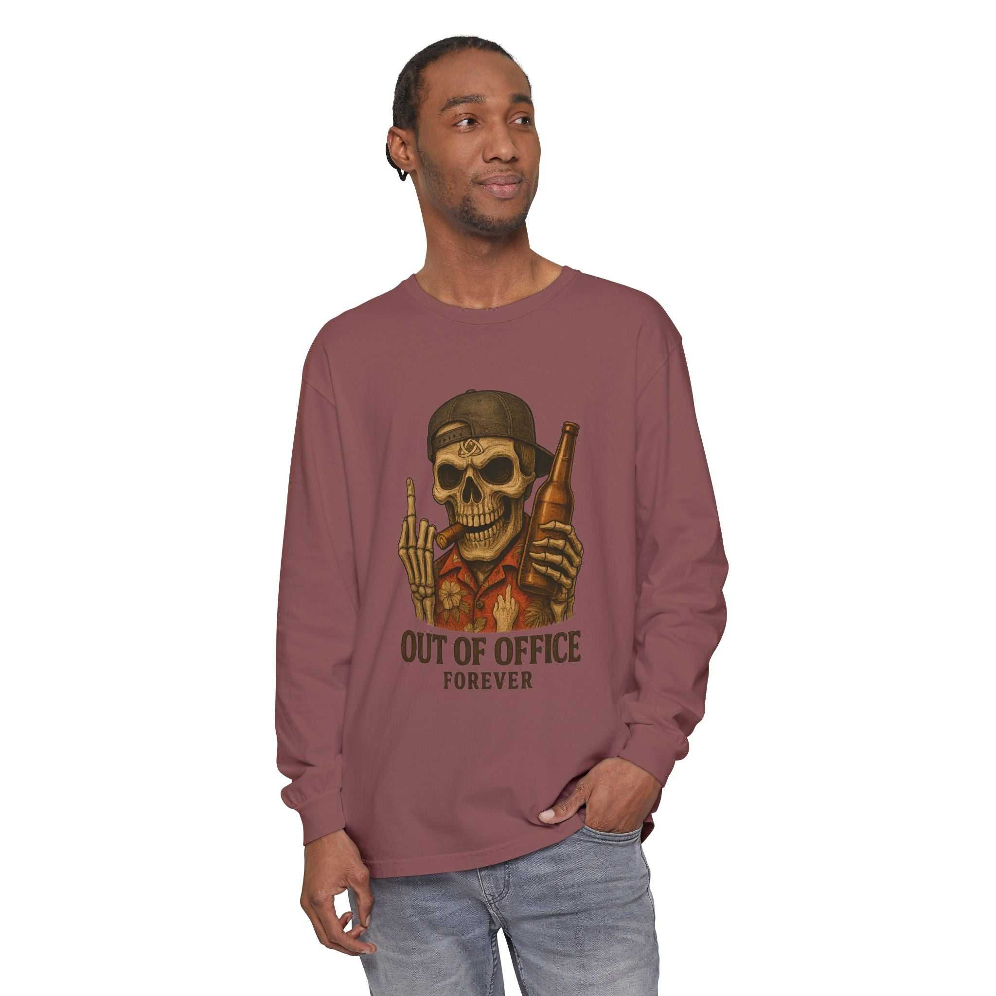 Long sleeve t-shirt with "Out of Office Forever" skull and beer graphic on soft garment-dyed cotton