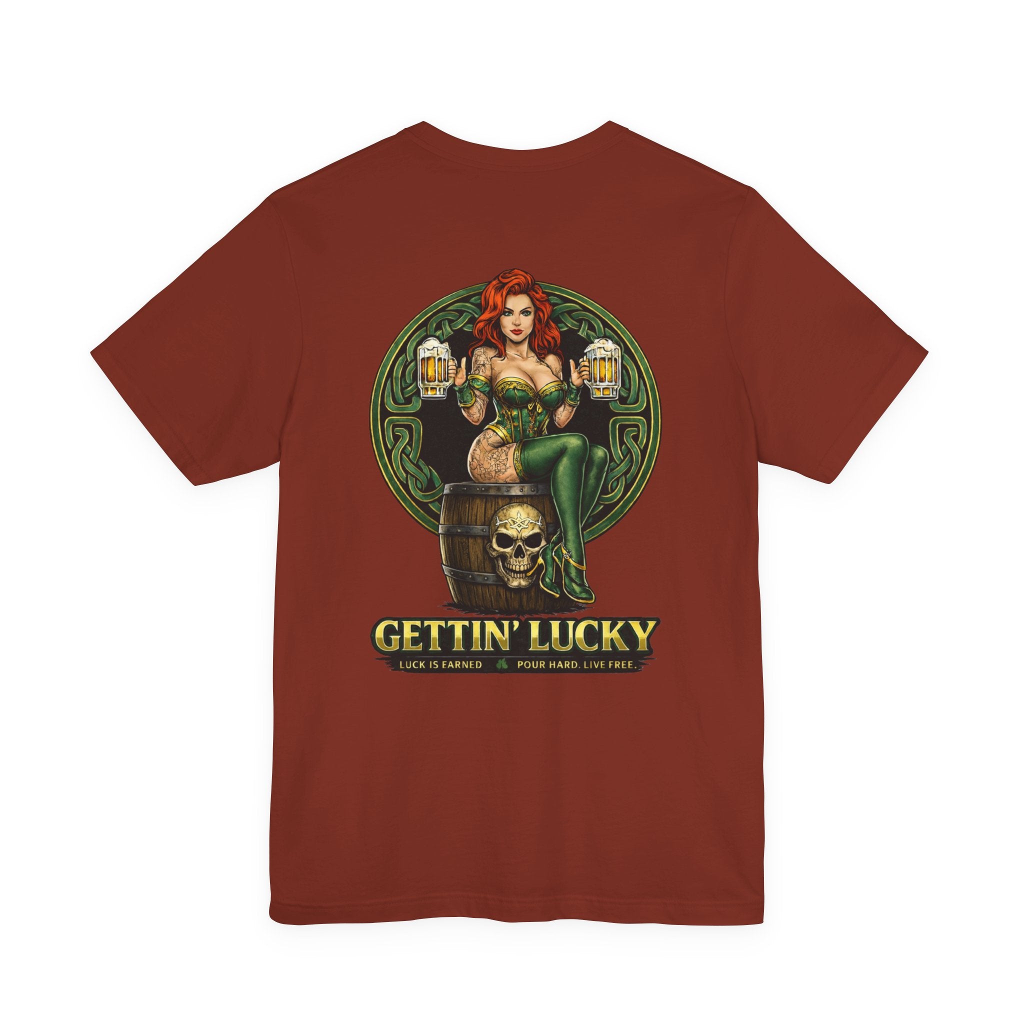 Gettin' Lucky St. Patrick's T-Shirt — Pinup Skull Irish Beer Graphic Tee