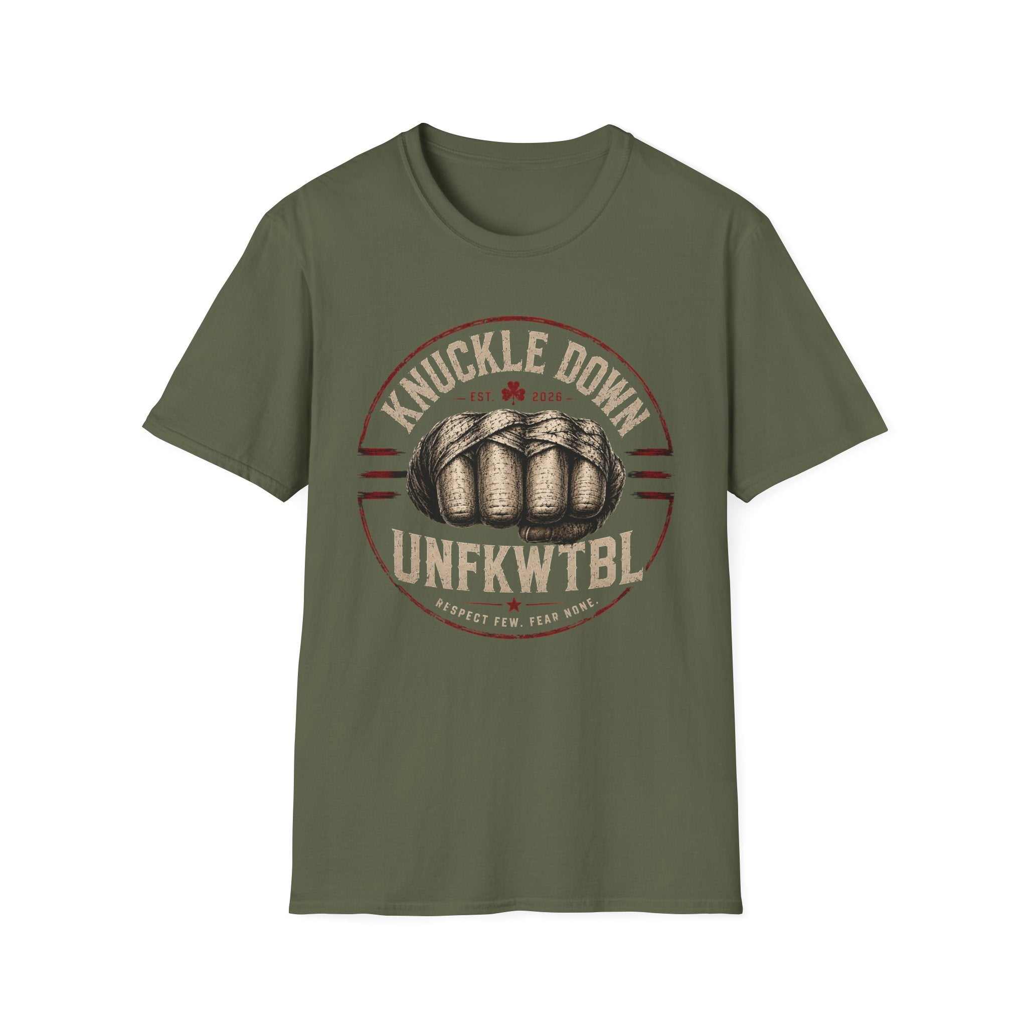Knuckle Down Vintage Boxing T-shirt with retro fist graphic and faded circular stamp on soft, lightweight cotton