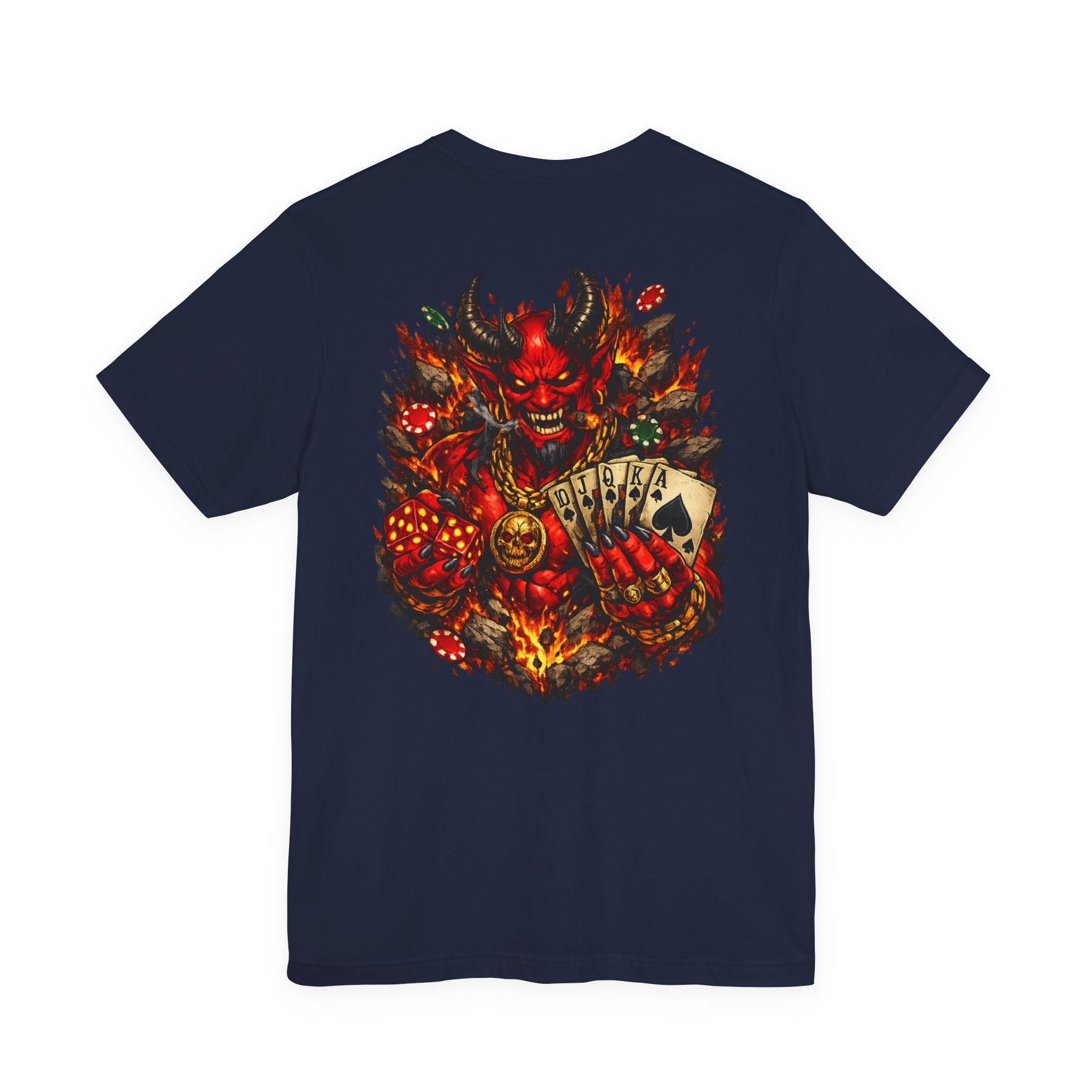 Devil Poker Tee — Fiery Demon Back Graphic T-Shirt