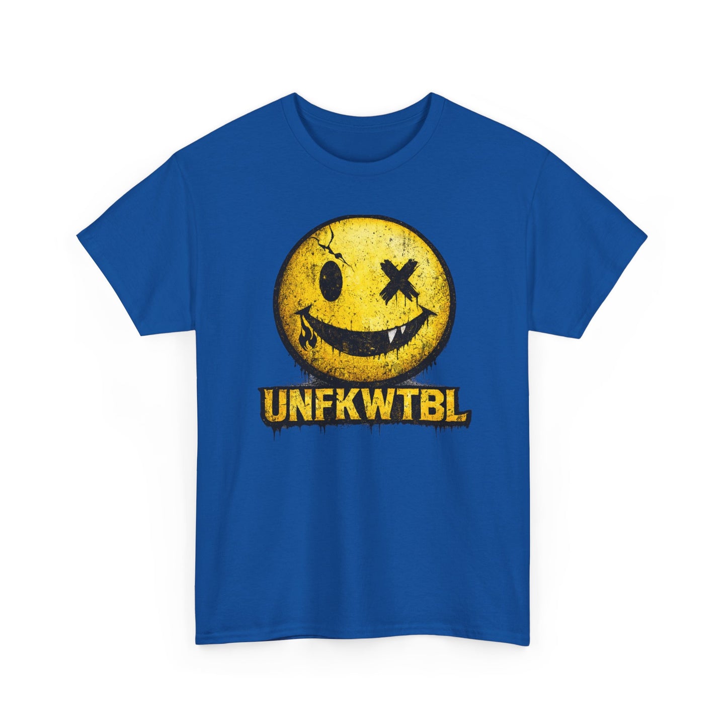 Graphic Tee — Distressed Yellow Smiley Face "UNFKWTBL" Streetwear T-Shirt
