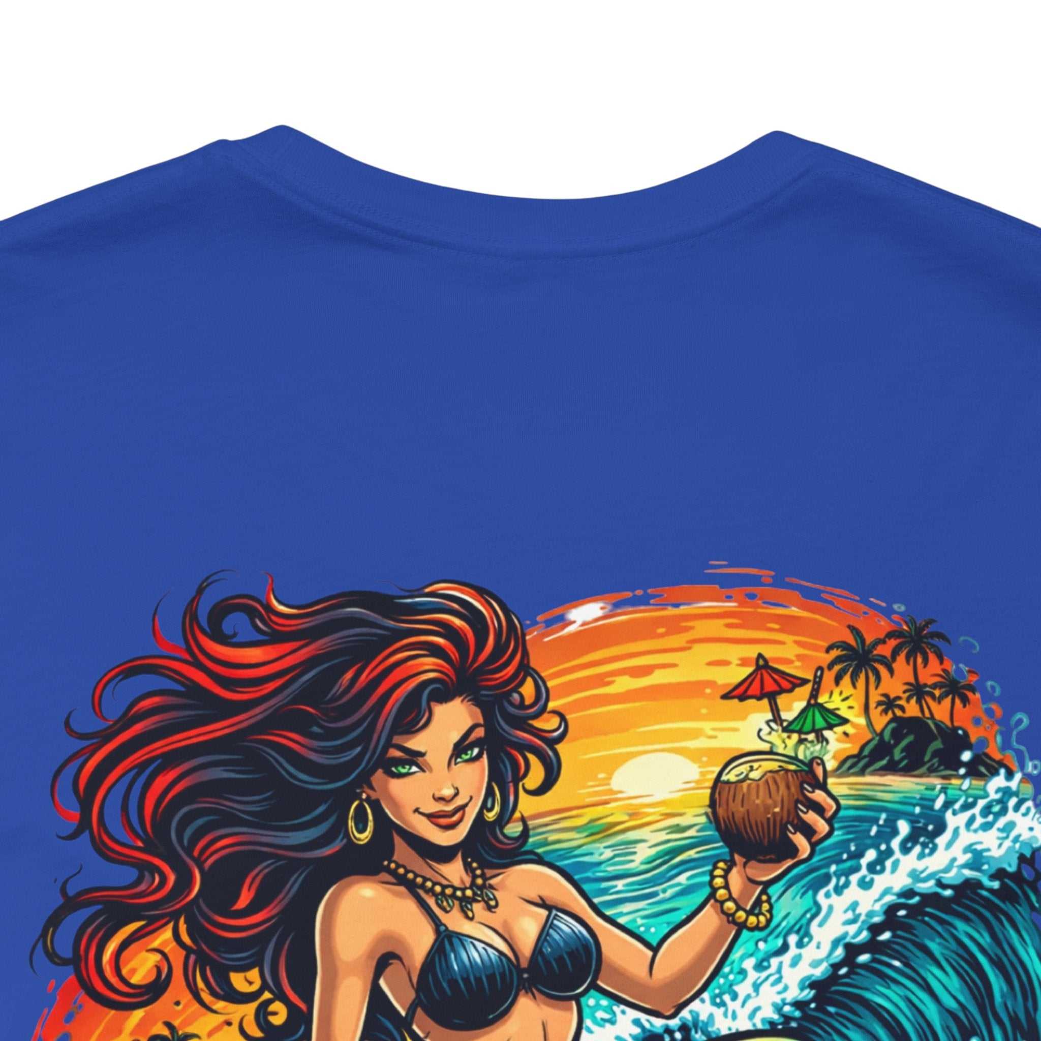 Mermaid Surfer T-Shirt with vibrant retro beach surfing graphic and breathable cotton design