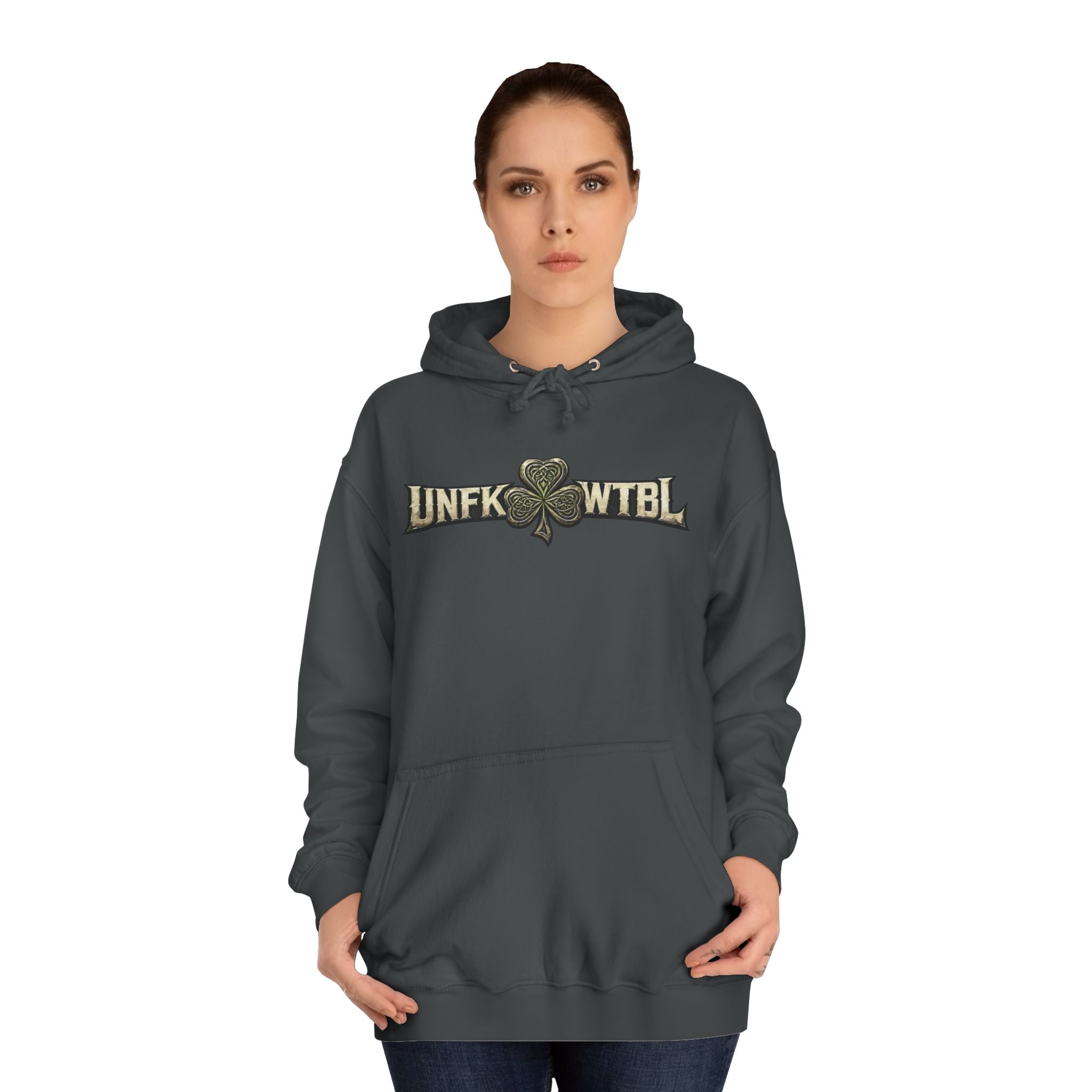 College Hoodie — 'UNFK WTB L' Vintage Shamrock Graphic