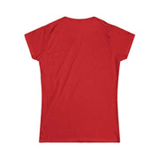 Red women's tee shirt back view with short sleeves and ribbed collar, Valkyrie Maiden of Honor design.