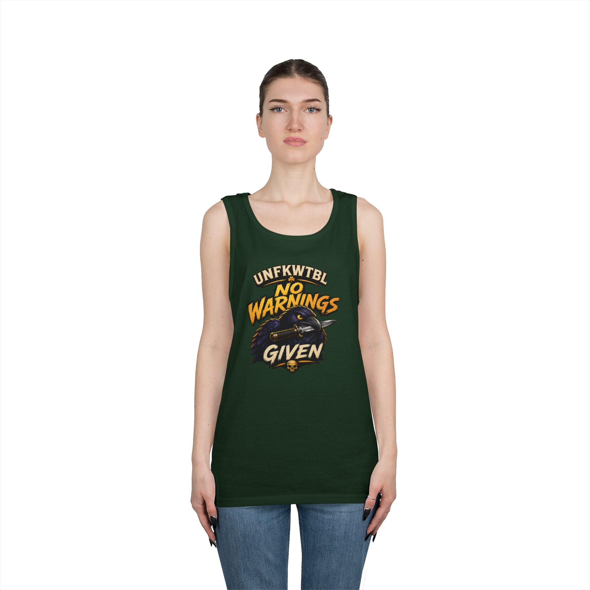 Tank Top — "No Warnings Given" Vintage Motorcycle Rider Graphic