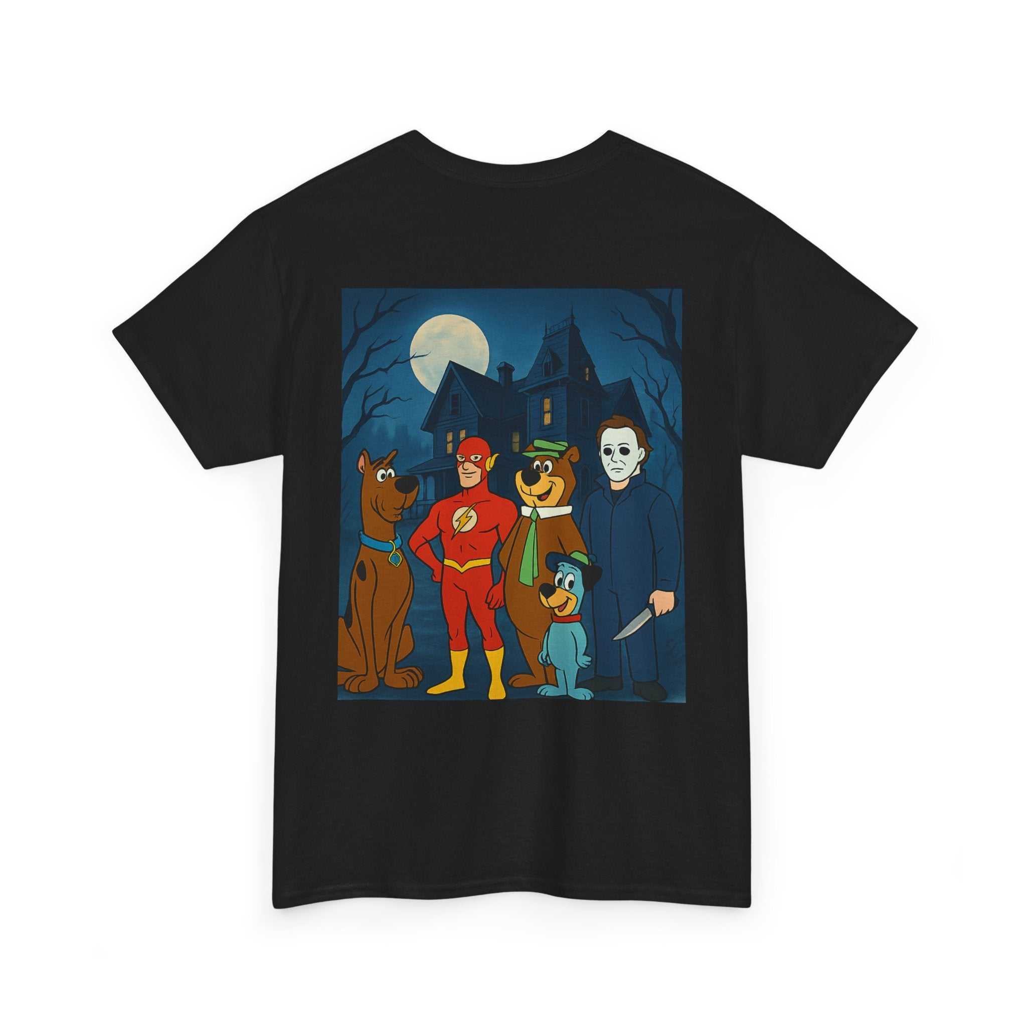 Graphic tee featuring horror and Saturday morning cartoons design with classic fit and ribbed collar