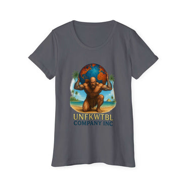 Women's organic t-shirt with Unfkwtbl design featuring Atlas holding the globe, soft breathable cotton tee for positive vibes and sustainable fashion
