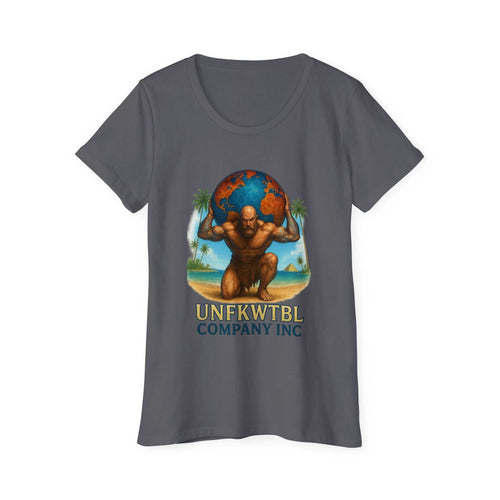 Women's organic t-shirt with Unfkwtbl design featuring Atlas holding the globe, soft breathable cotton tee for positive vibes and sustainable fashion