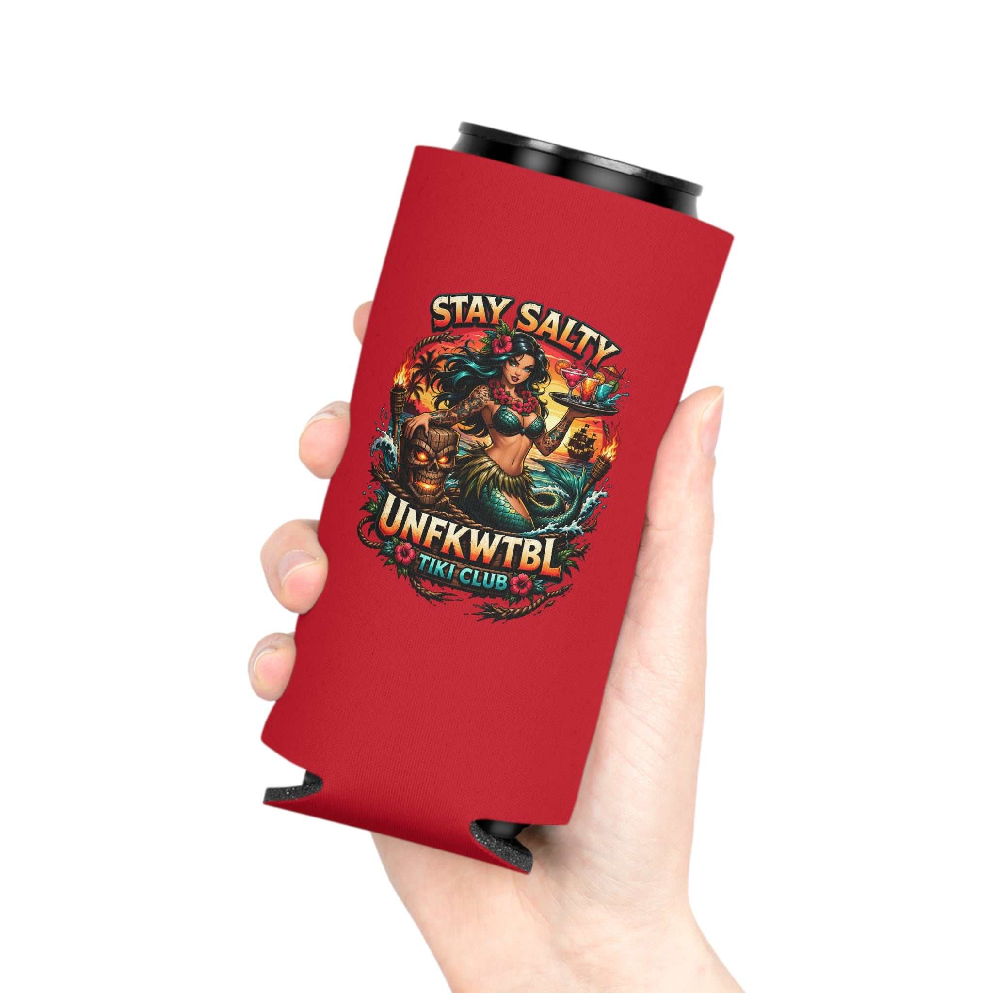 Stay Salty Tiki Can Cooler — "Stay Cold, Remain UNFKWTBL" Retro Beach Beer Koozie