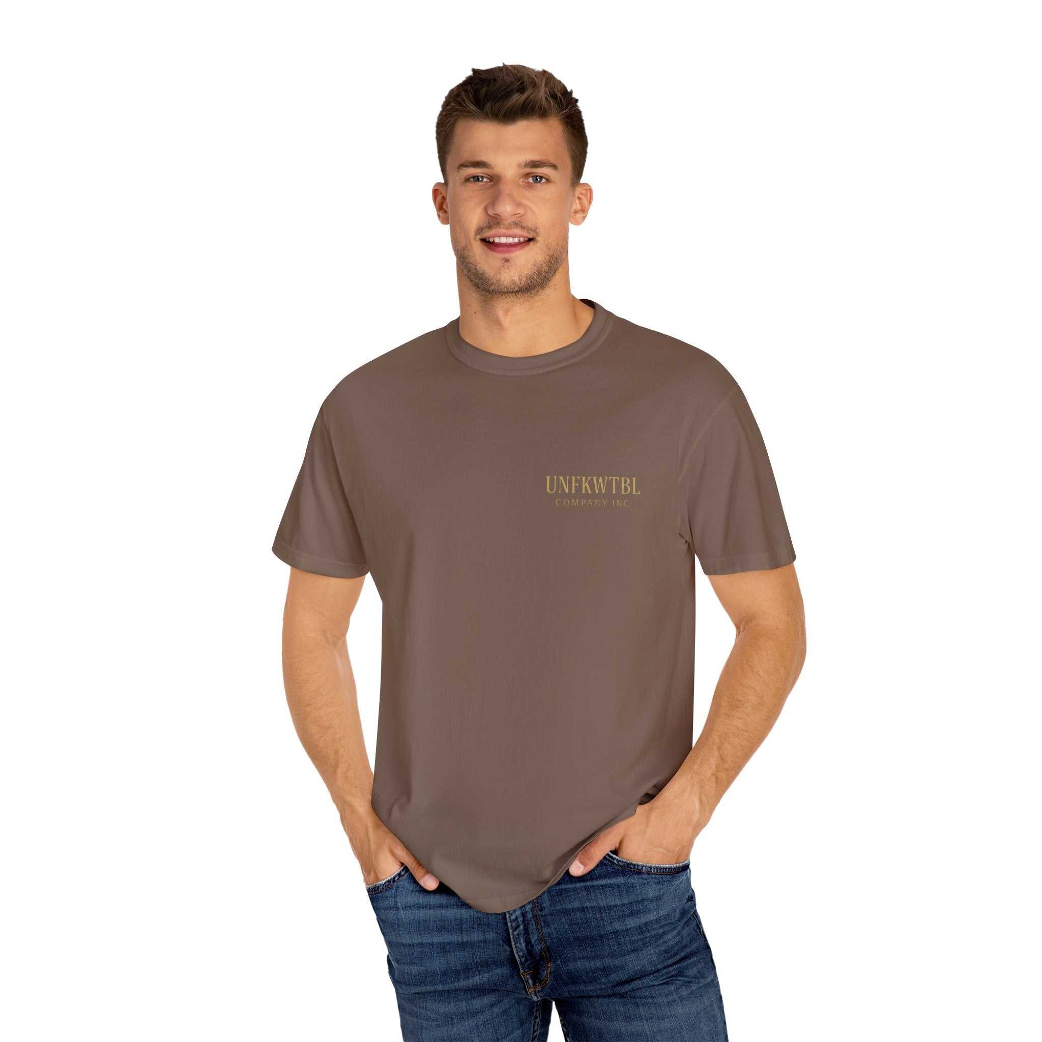 Valhalla Battle unisex T-shirt garment-dyed cotton with Norse warrior design and size guide table