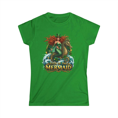 Lucky Mermaid Women's Tee with red-haired mermaid riding seahorse St. Patrick's Day nautical shirt