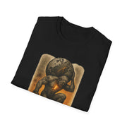 Unisex black t-shirt with powerful graphic of Atlas carrying cracked earth on shoulders, casual classic fit