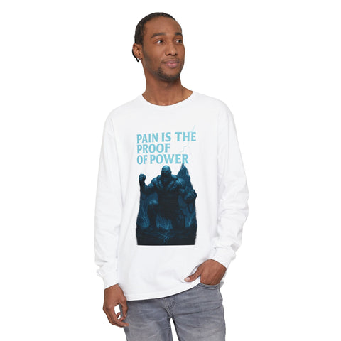 Unisex Long Sleeve T-Shirt, Pain is the Proof of Power Tee for Gym, Fitness, Motivational Quote, Gift for Him or Her, Casual Wear