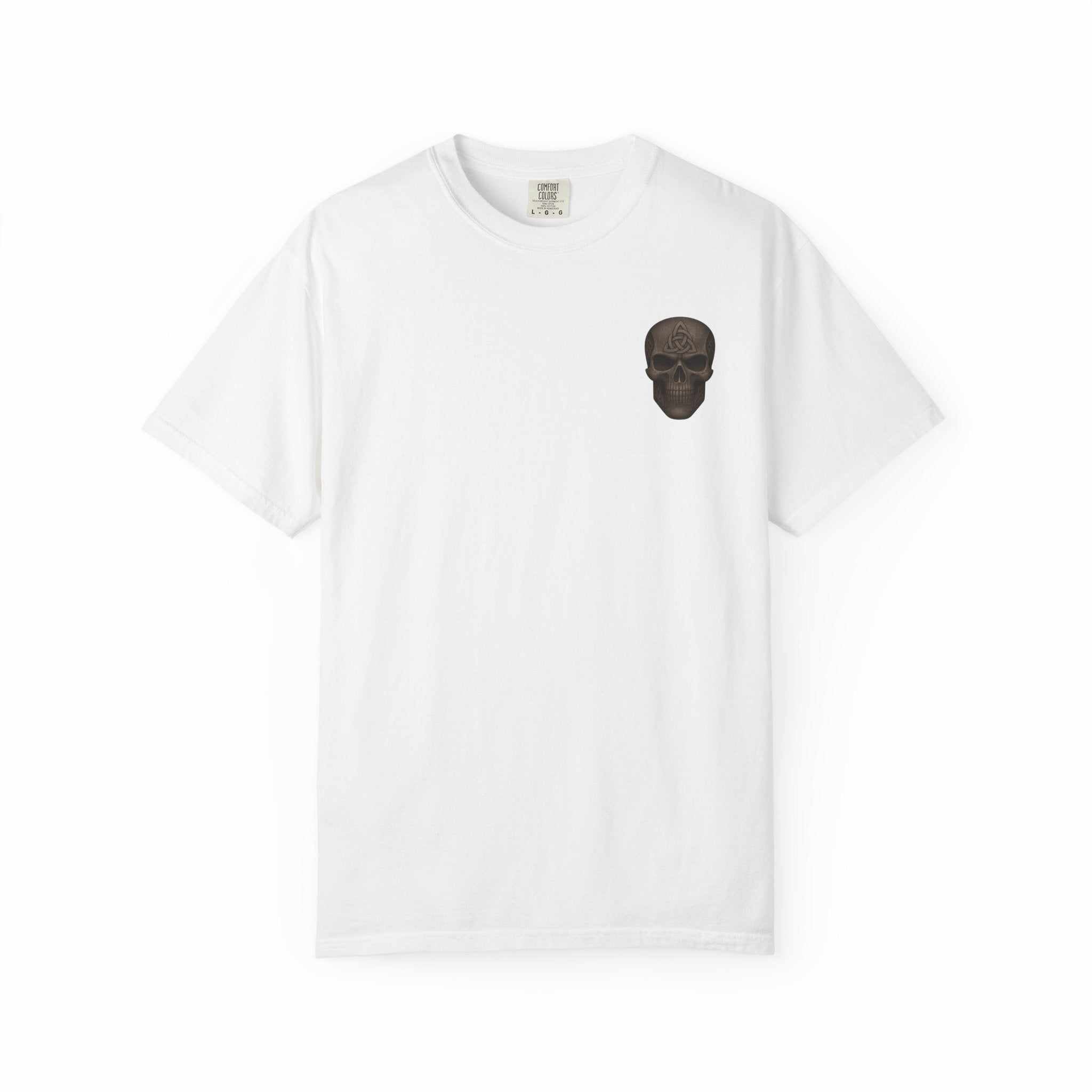 Unisex white Spooky Pumpkin Punch T-Shirt with small black skull graphic, vintage Halloween design, fall festival attire, cotton tee for costume parties