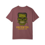 Vintage Frankenstein T-shirt with green skull design and bold text on maroon garment-dyed fabric