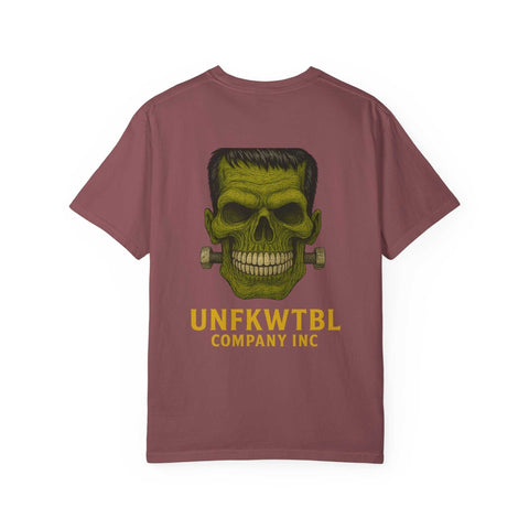 Vintage Frankenstein T-shirt with green skull design and bold text on maroon garment-dyed fabric