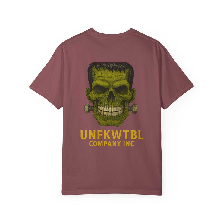 Vintage Frankenstein T-shirt with green skull design and bold text on maroon garment-dyed fabric