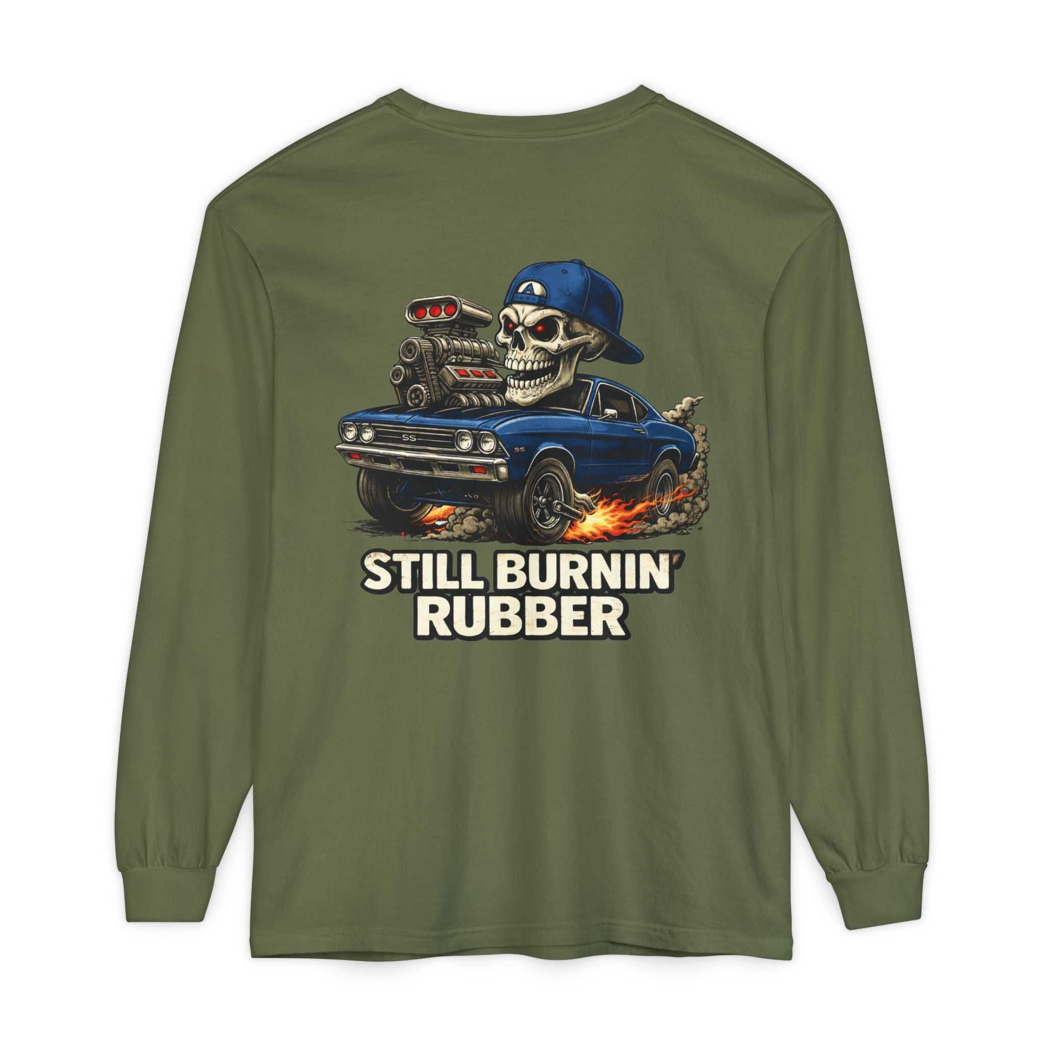 Still Burnin' Rubber Long Sleeve Tee — Retro Skull Muscle Car Graphic