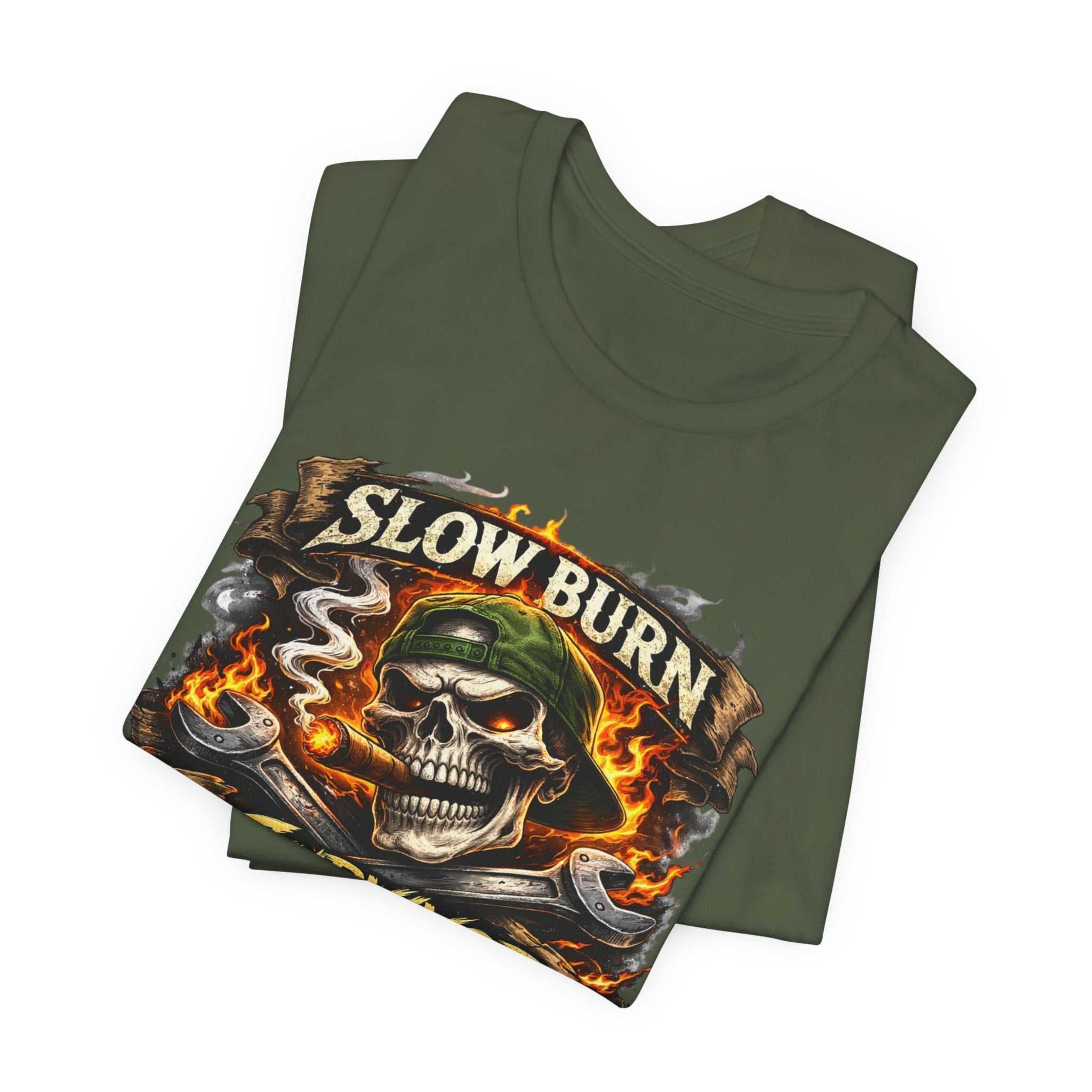 Slow Burn Survivor T‑Shirt — Skull Flame Vintage Motorcycle Tee