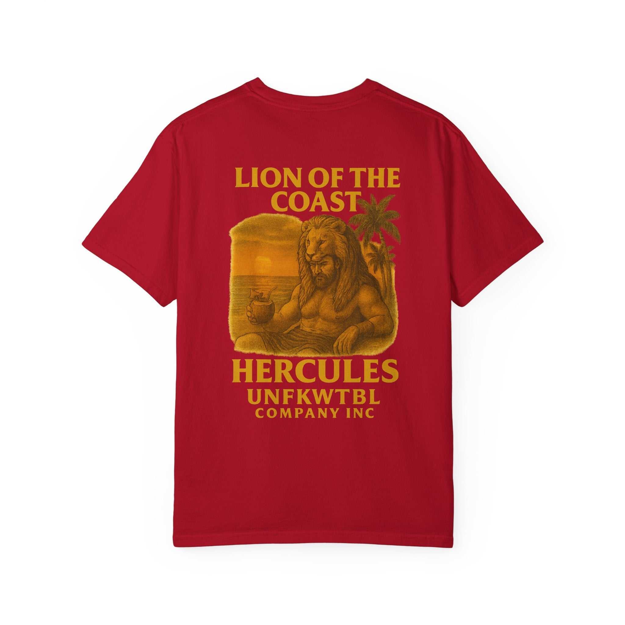 Unisex garment-dyed red t-shirt with Lion of the Coast Hercules graphic and company logo on back