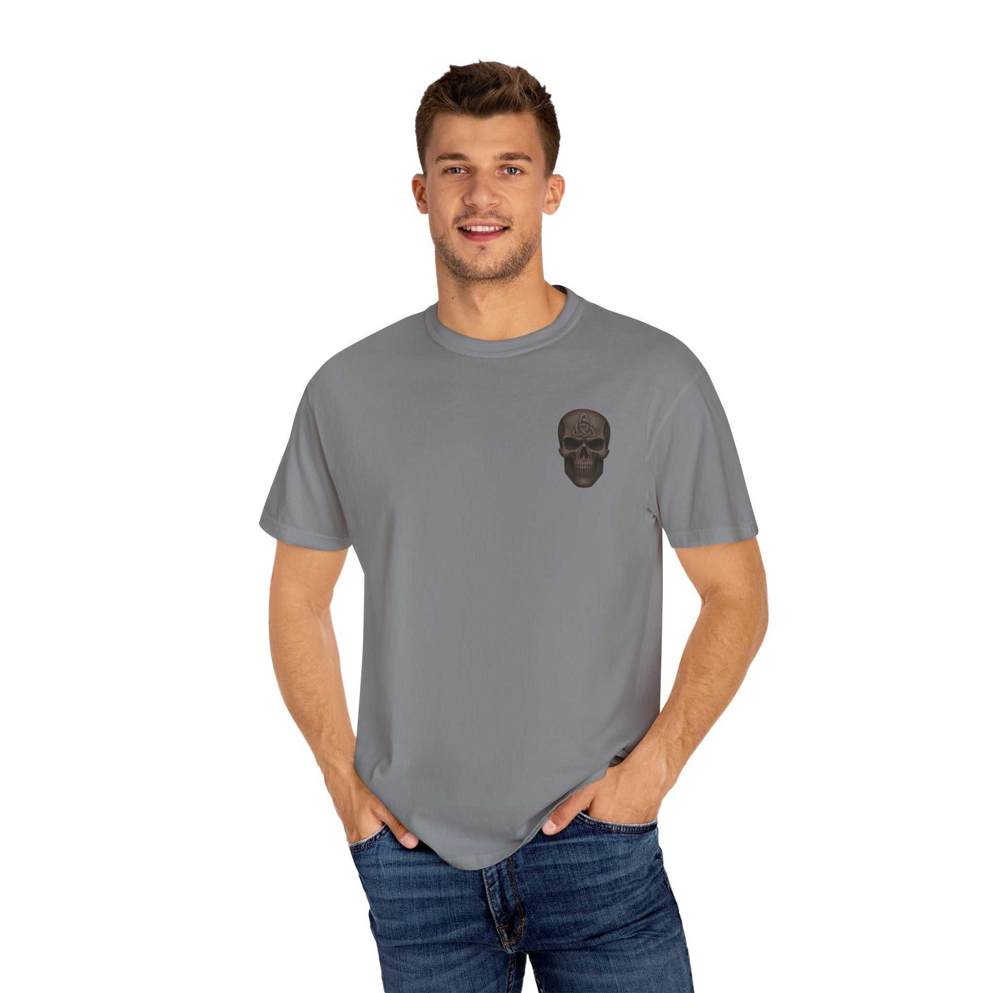 Unisex Spooky Pumpkin Punch T-Shirt with vintage skull graphic in gray, casual Halloween and fall festival attire