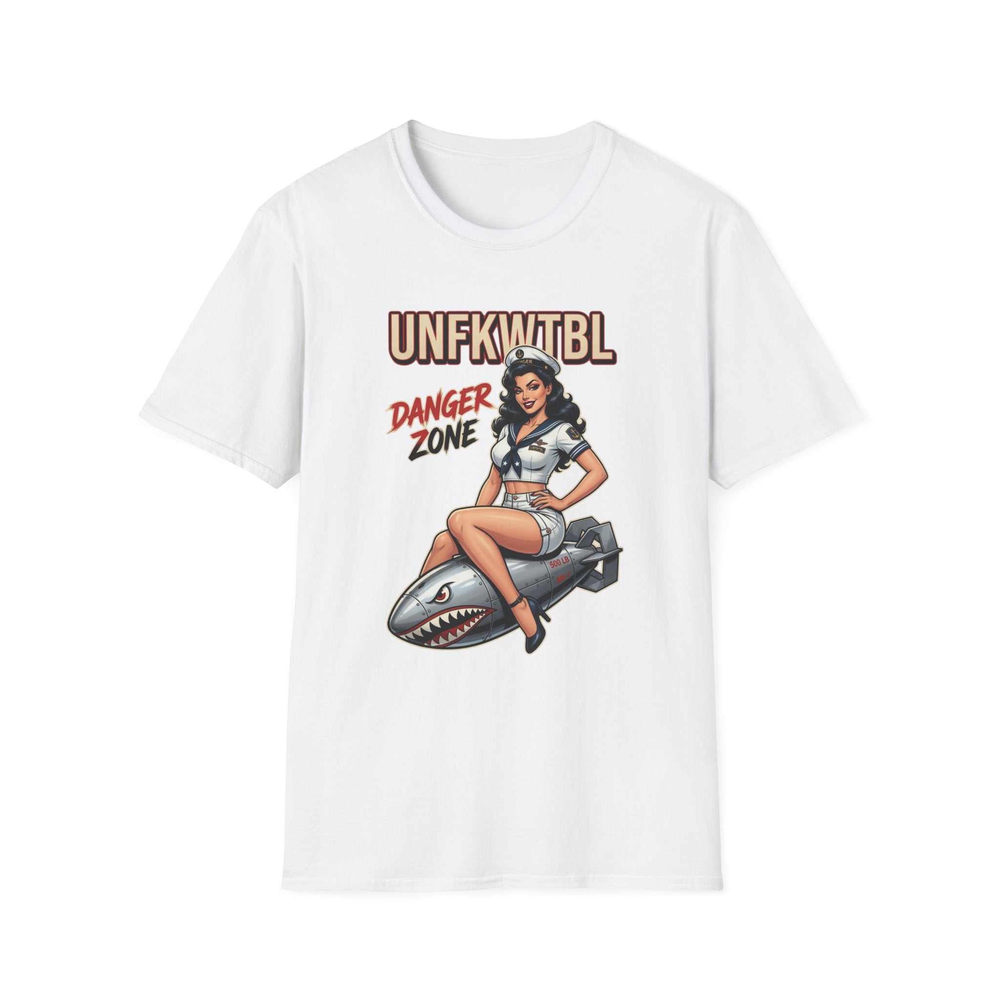 Vintage Danger Zone Pin-Up graphic tee with pilot and shark bomb design on soft cotton shirt
