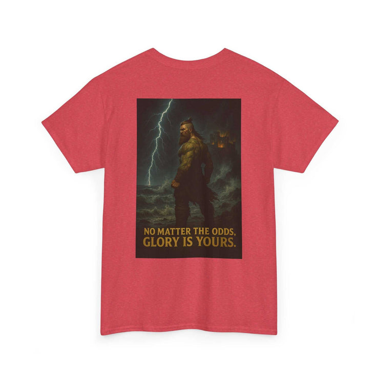 Red unisex Inspirational Quote Tee with motivational graphic and text "No matter the odds, glory is yours" for everyday wear and empowerment