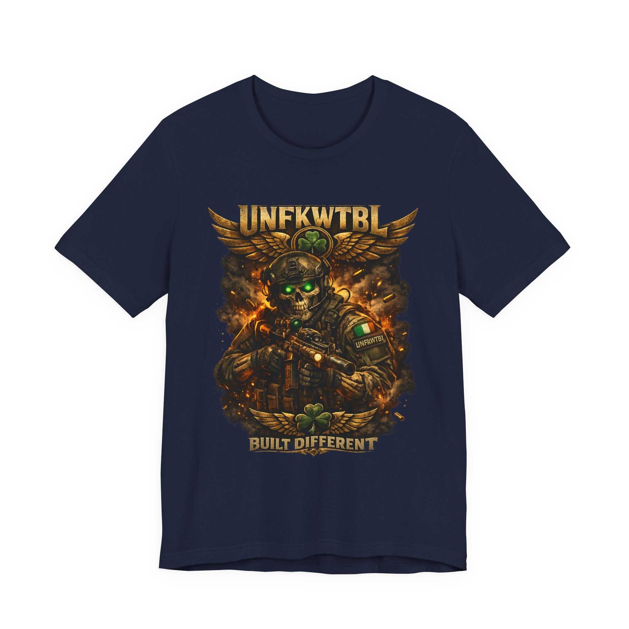 Built Different Military Skull Tee — "UNKFWTBL" Tactical Graphic T-Shirt