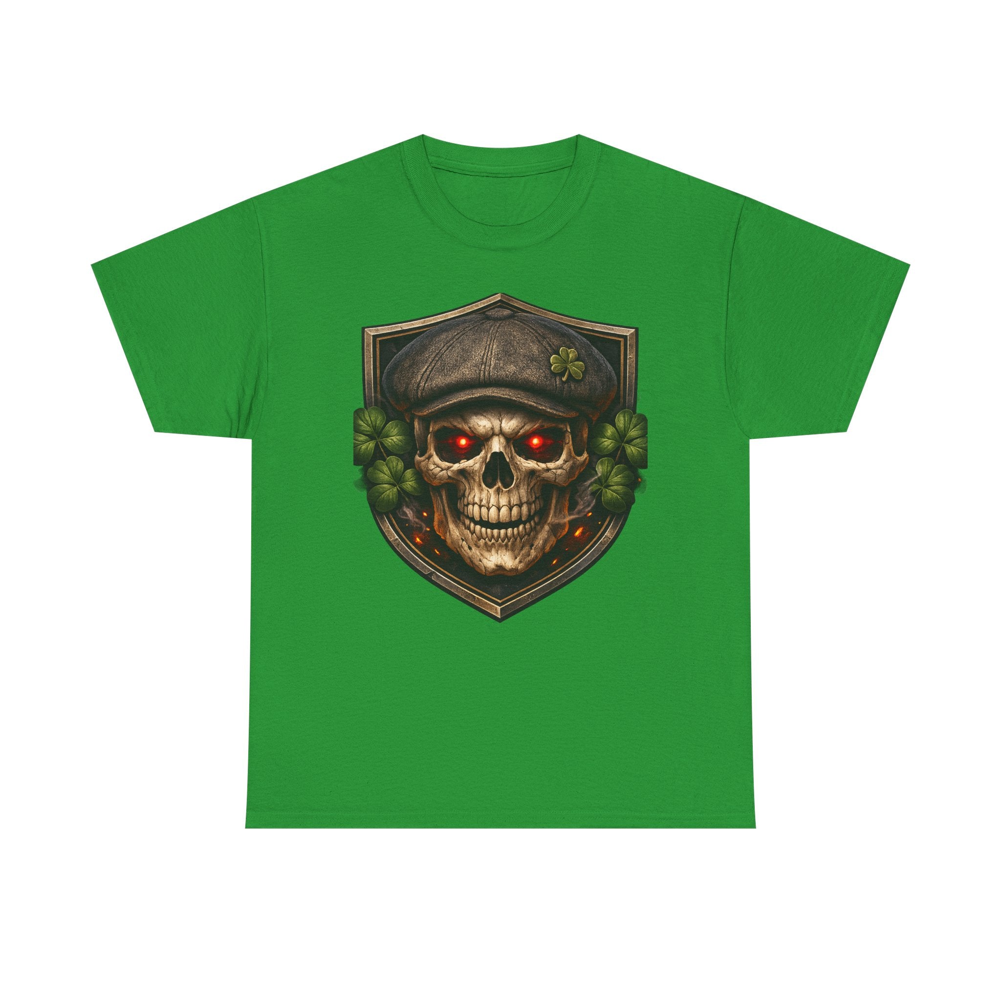 Skull & Shamrock Tee — Celtic Pirate Skull Shirt with Red-Eye Skeleton and Clover Badge