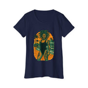Women's navy Bohemian Goddess Organic T-Shirt with vibrant Medusa-inspired design and beach background