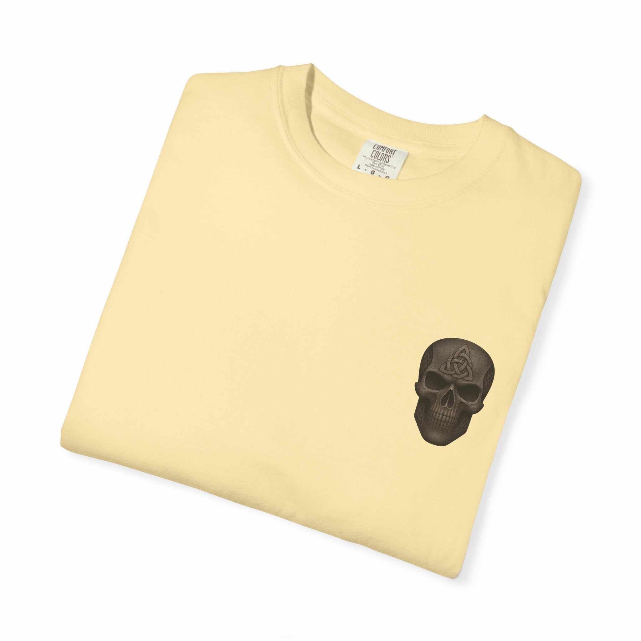 Unisex garment-dyed t-shirt in light yellow with skull design, soft cotton fabric, casual style
