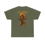 Atlas Strong Unisex Tee with "Stay Strong" graphic of Atlas holding the Earth on back, olive green shirt