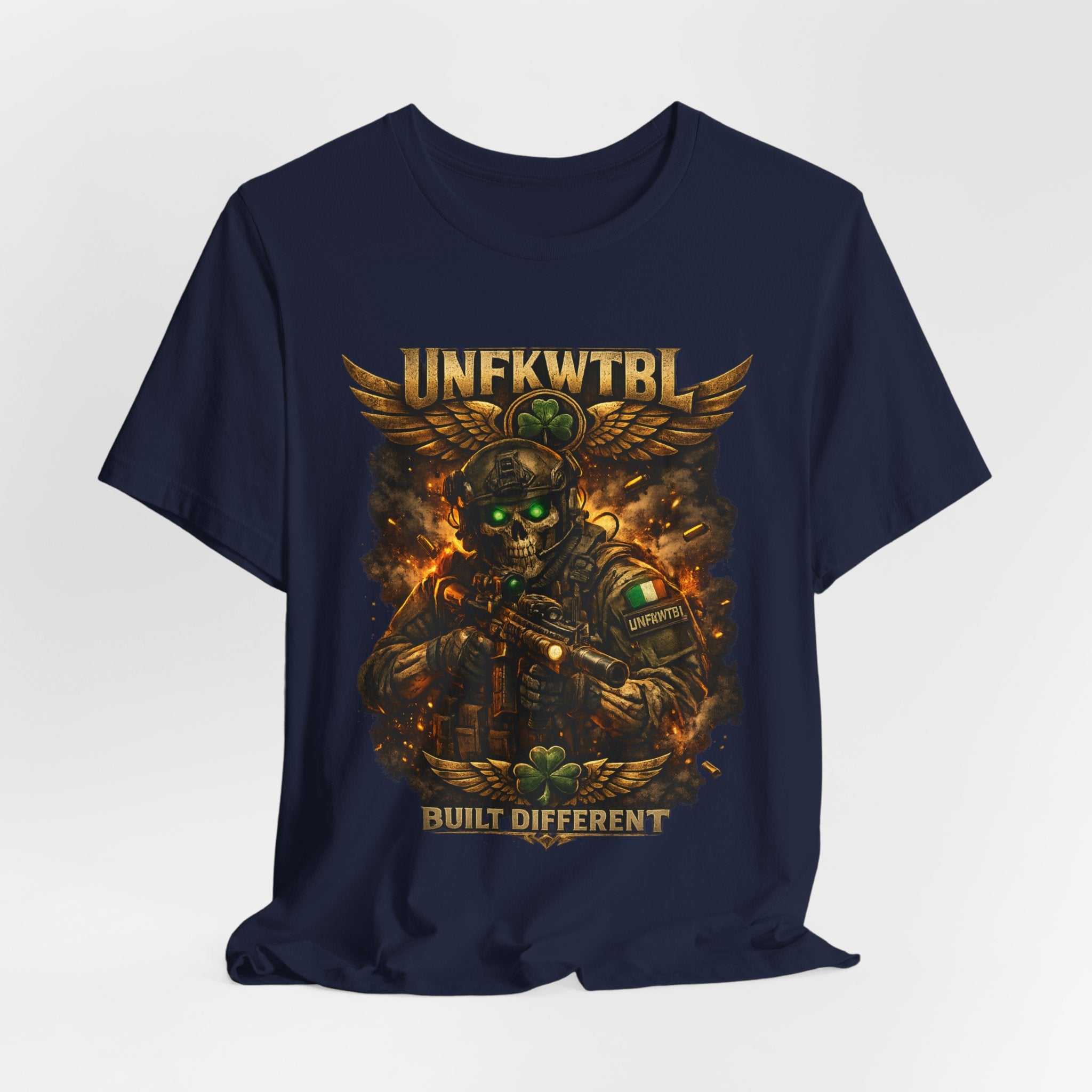 Built Different Military Skull Tee — "UNKFWTBL" Tactical Graphic T-Shirt