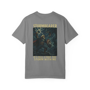 Epic Stormbearer unisex grey t-shirt with fantasy graphic and storm-themed design