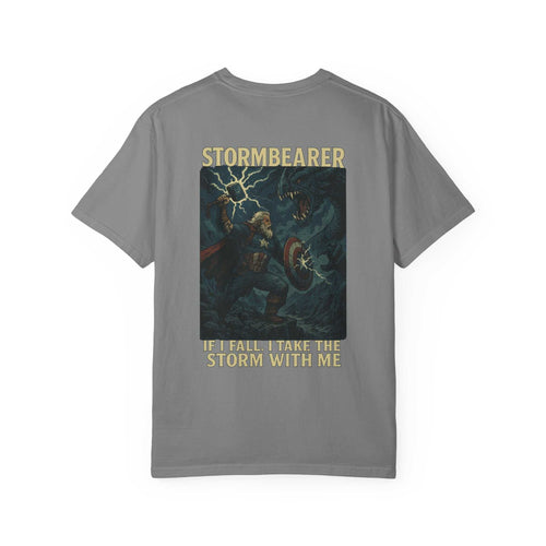 Epic Stormbearer unisex grey t-shirt with fantasy graphic and storm-themed design