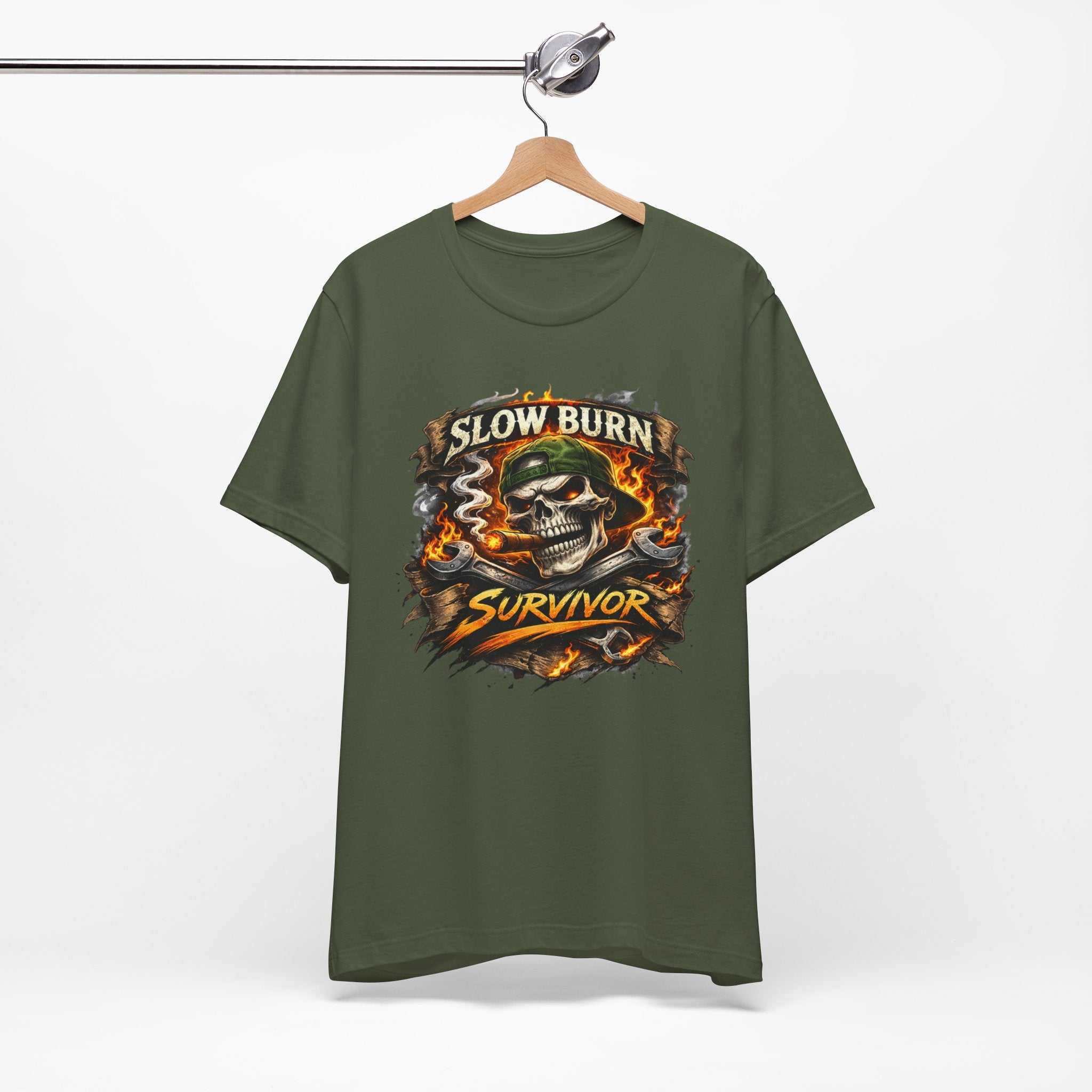 Slow Burn Survivor T‑Shirt — Skull Flame Vintage Motorcycle Tee