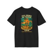 Black unisex Thor "Still Brings the Thunder" t-shirt featuring cartoon Thor in beachwear with palm trees and sunset background.