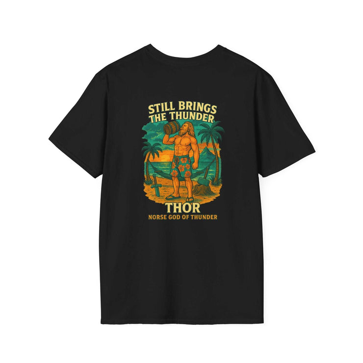 Black unisex Thor "Still Brings the Thunder" t-shirt featuring cartoon Thor in beachwear with palm trees and sunset background.