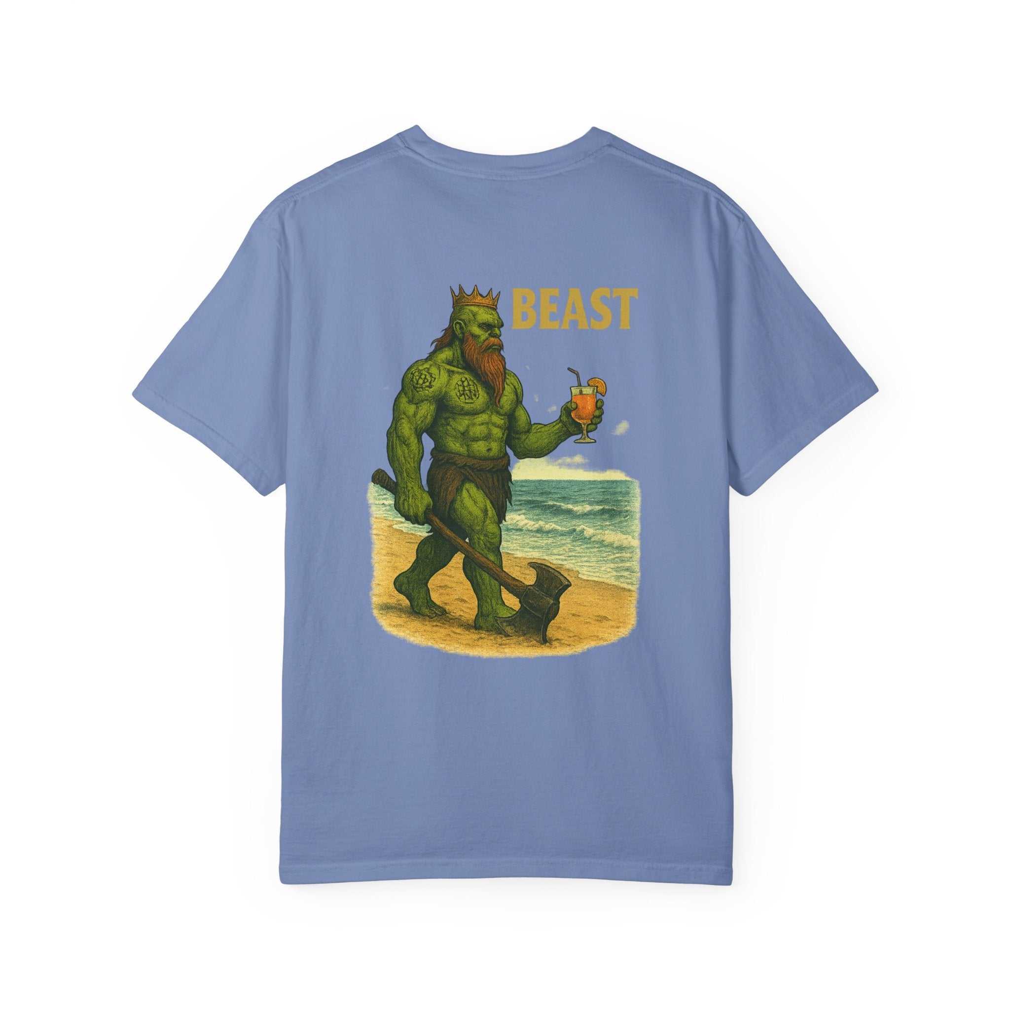Unisex Beast King on vacation graphic t-shirt in 58 colors, casual summer wear, 100% cotton, sizes S-4XL, relaxed fit, soft garment-dyed fabric