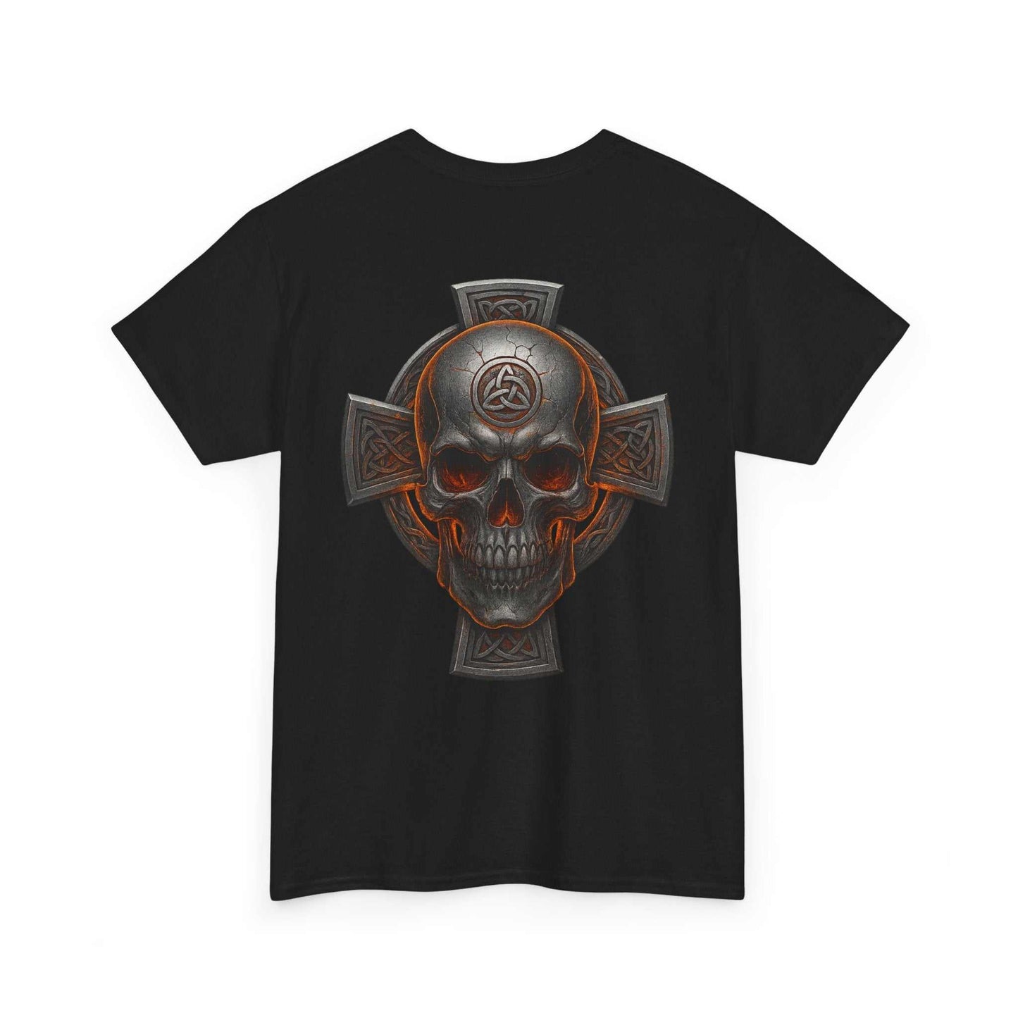 Black unisex tee with Celtic skull and cross heritage-inspired design