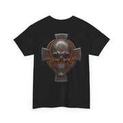 Black unisex tee with Celtic skull and cross heritage-inspired design