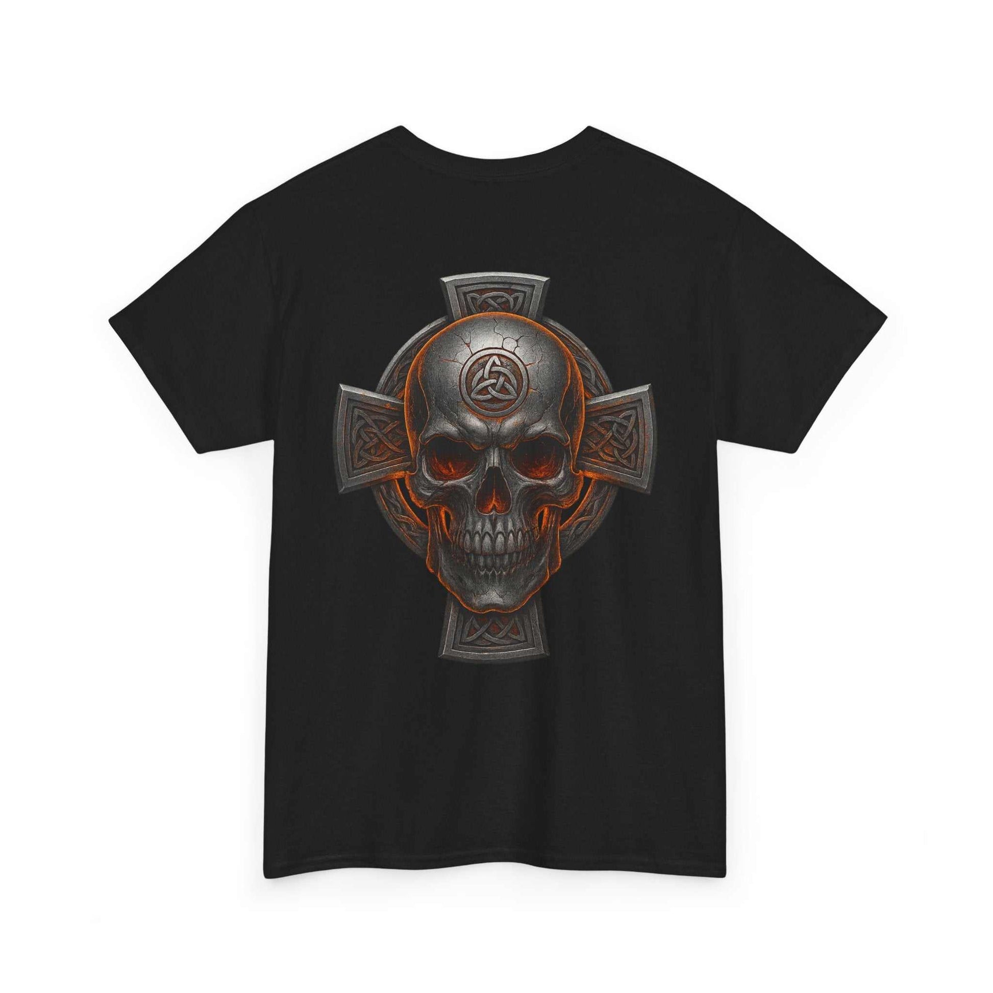 Black unisex tee with Celtic skull and cross heritage-inspired design
