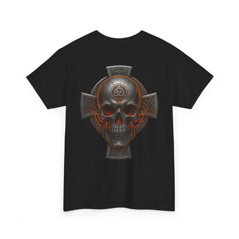 Black unisex tee with Celtic skull and cross heritage-inspired design