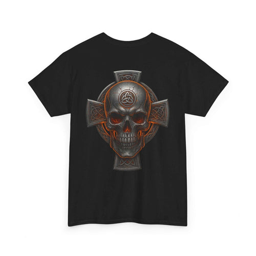 Black unisex tee with Celtic skull and cross heritage-inspired design