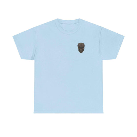 Light blue unisex tee with Medusa Wonder Woman skull design on the chest, classic fit.
