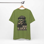 Dead & Lucky Skull Tee with grinning skull graphic and bad decisions text on lightweight breathable cotton shirt
